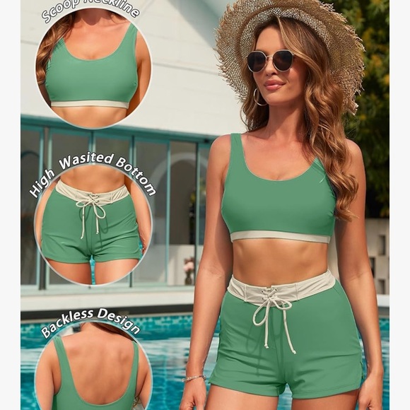 NEW - High Waisted Bikini Sets with Shorts‎ Full Coverage  Tummy Control Tankini - Picture 5 of 6